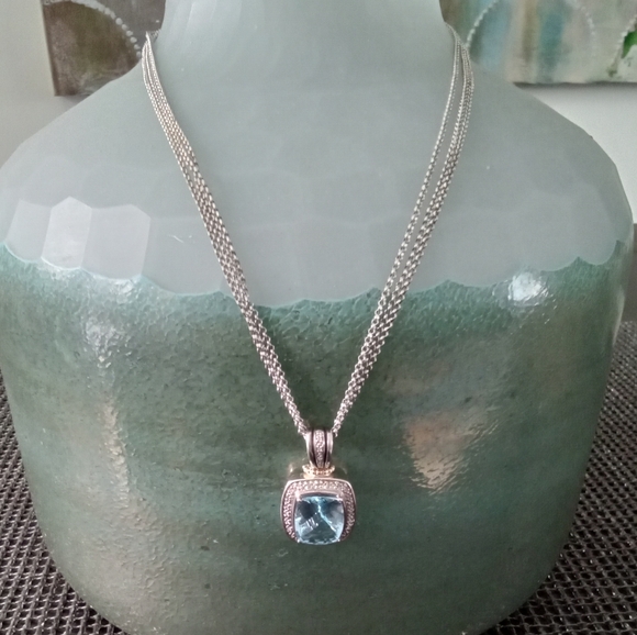 T&C Blue Topaz Diamonds Silver Pendant Necklace - Picture 2 of 7